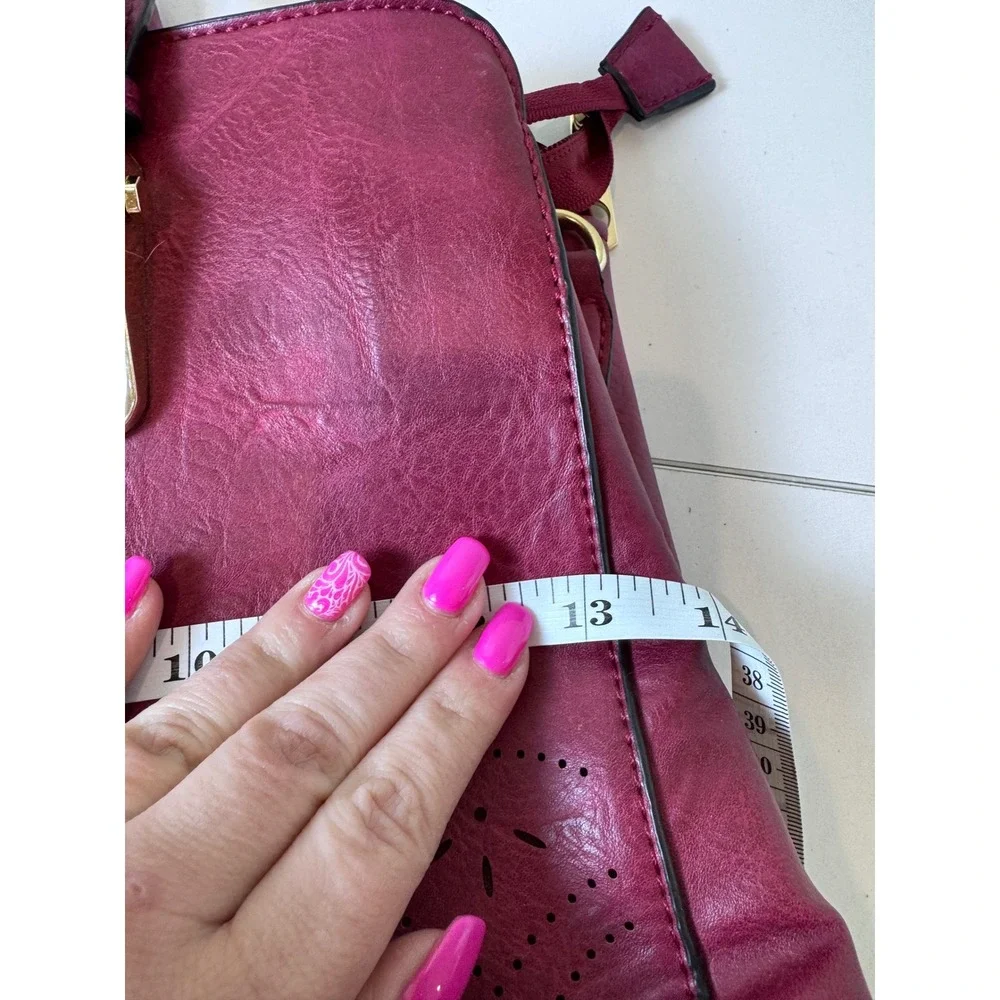 Laser Cut Satchel Handbag Women Medium Magenta Faux Leather‎ Boho Chic